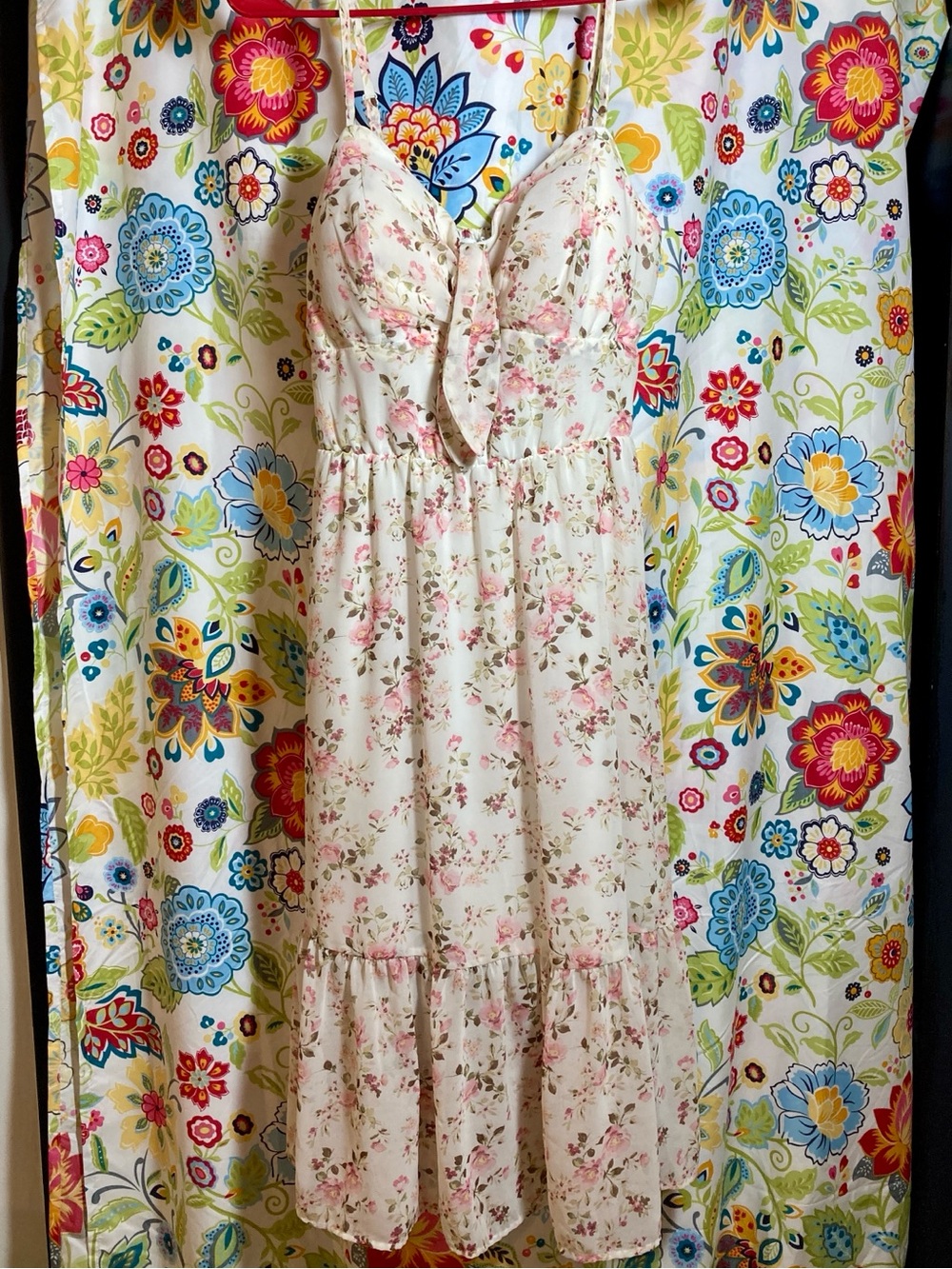AUW Cream Dress with Pink and Green Floral Print Size L